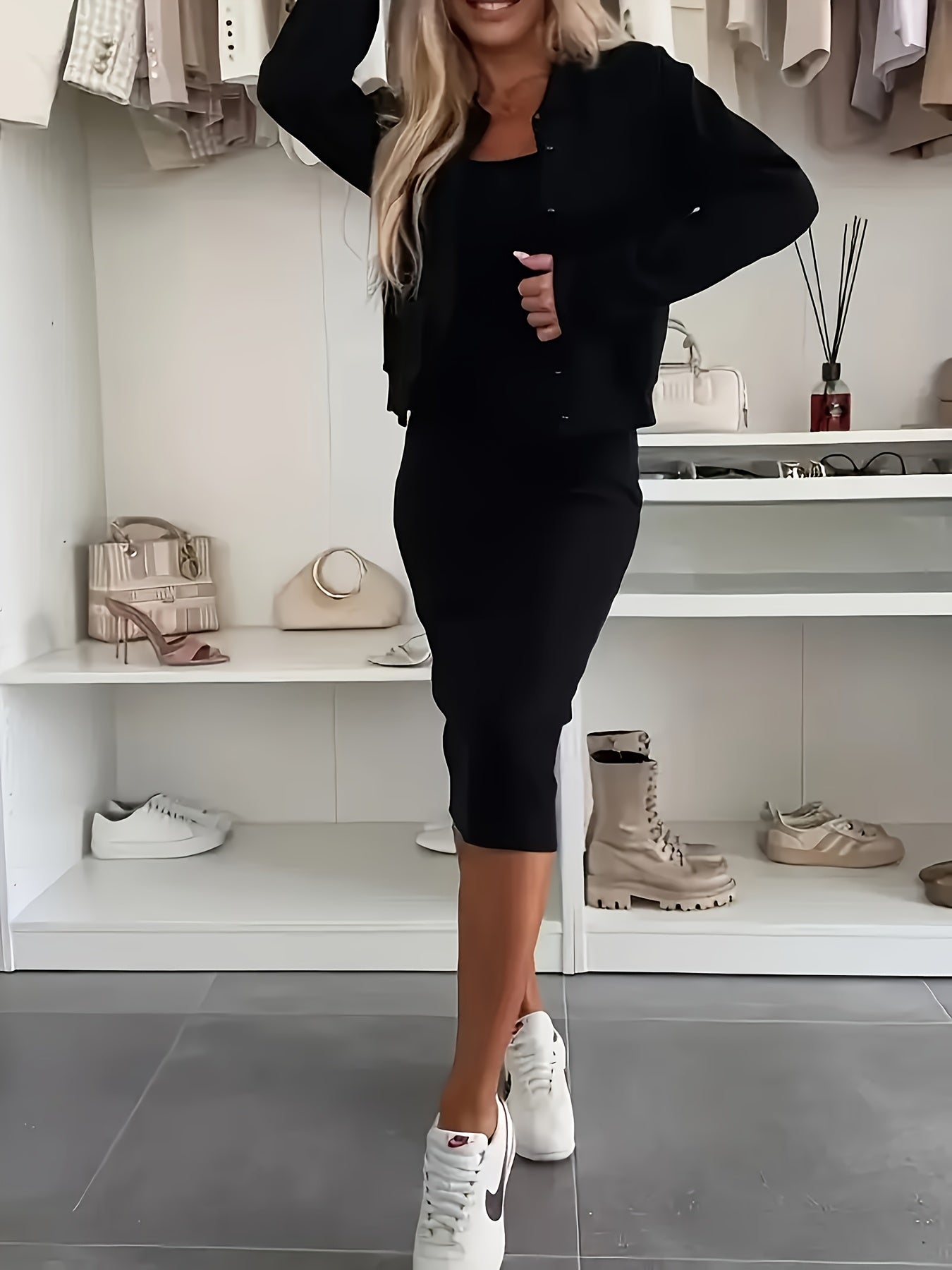 LRIKNUWSTLE Two-Piece Cotton Dress Set Cardigan For Women